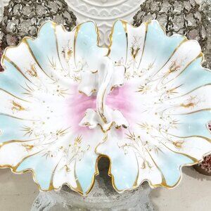 Antique CT Carl Tielsch Atlwasser Divided Pink & Blue Oyster Handle Dish 14"